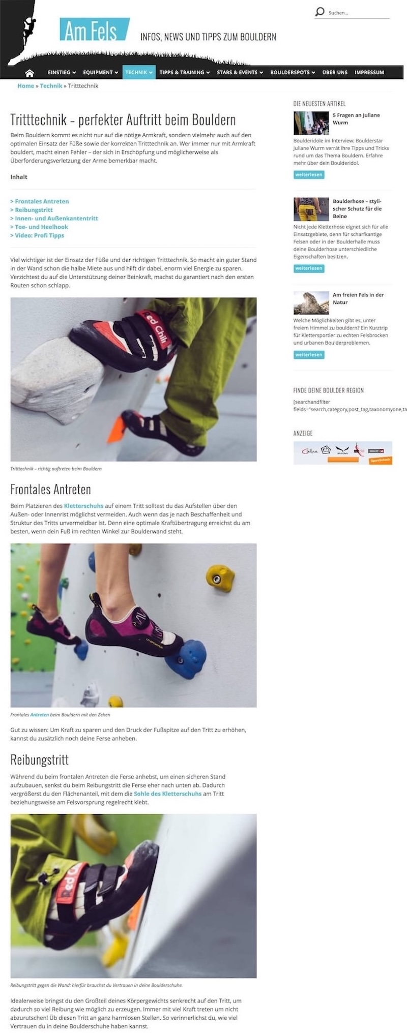Sportscheck - Website zum Thema "Bouldern" (Am-Fels.de)